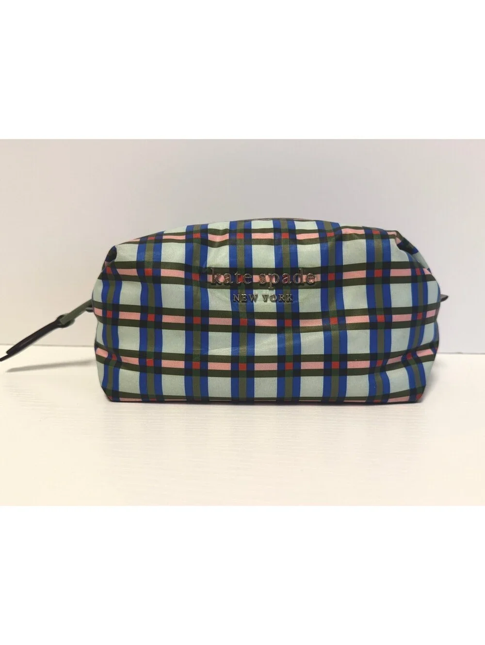 Kate Spade Plaid Nylon Cosmetic Case Makeup Bag Pouch